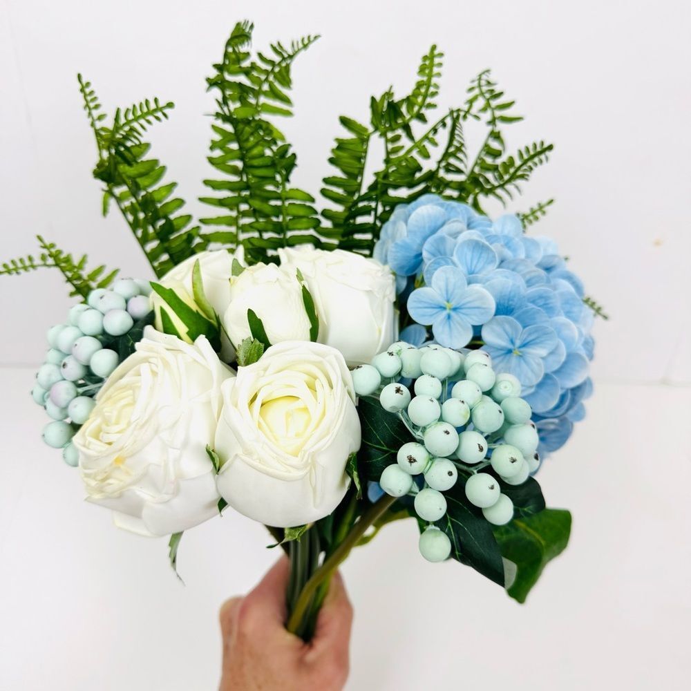 Artificial Flower Bouquet Blue Hydrangea White Roses Fern Leaves &  Berries NEW